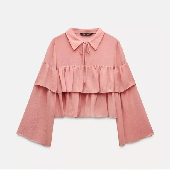 NWT Zara Blouse Top Blouse Riffled Chiffon Size S Small - Picture 1 of 10